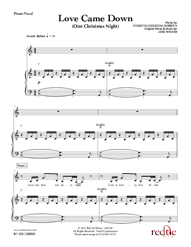 Love Came Down (One Christmas Night) Lead & Piano (Red Tie Music)