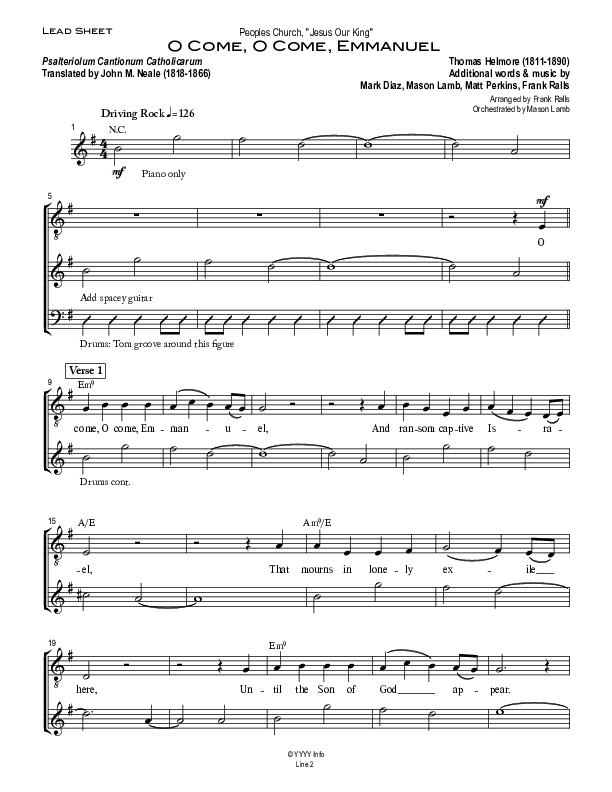 O Come O Come Emmanuel Lead Sheet (Peoples Church Worship)