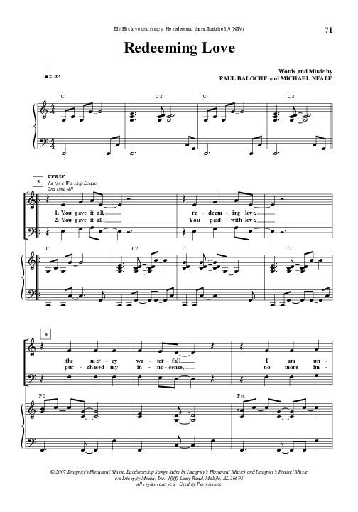 Redeeming Love Piano/Vocal (Michael Neale)