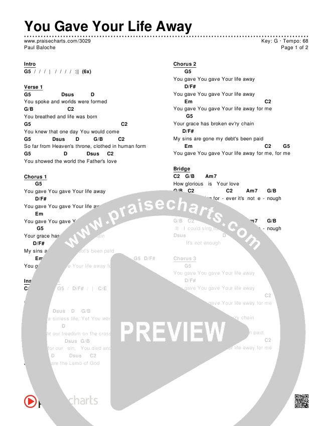 You Gave Your Life Away Chords (Paul Baloche) PraiseCharts