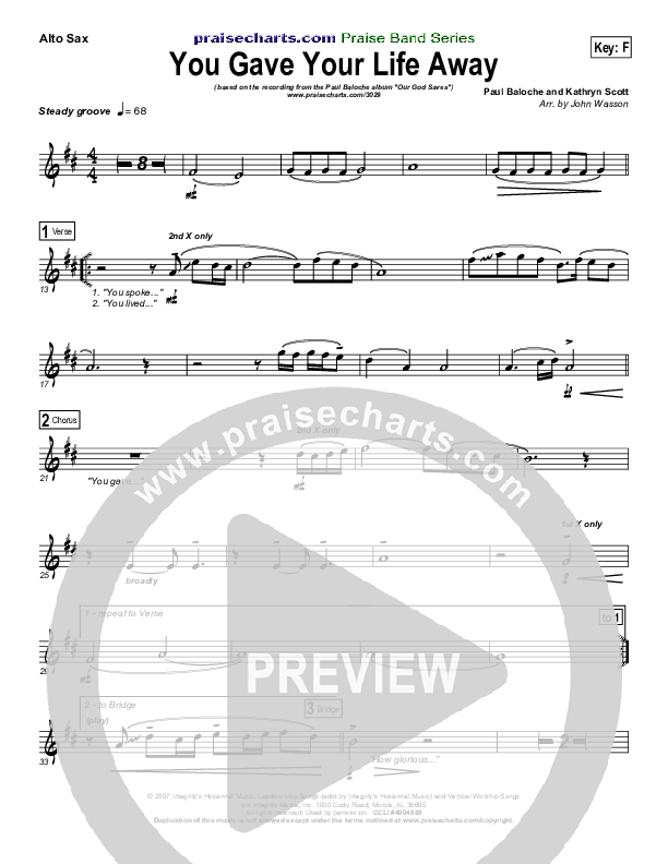 You Gave Your Life Away Alto Sax (Paul Baloche)
