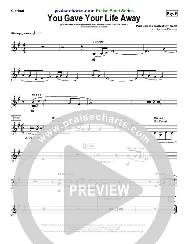 You Gave Your Life Away Clarinet (Paul Baloche)