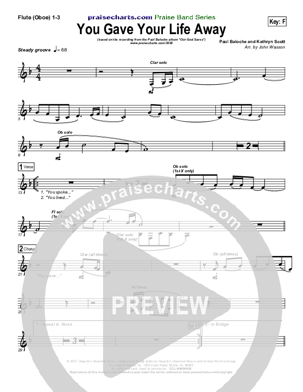 You Gave Your Life Away Flute/Oboe 1/2/3 (Paul Baloche)