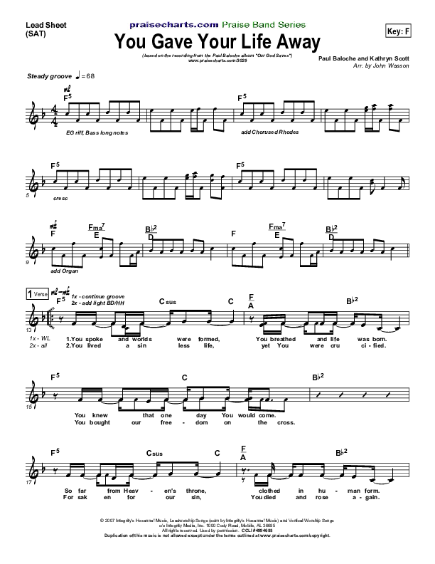 You Gave Your Life Away Lead Sheet (Paul Baloche)