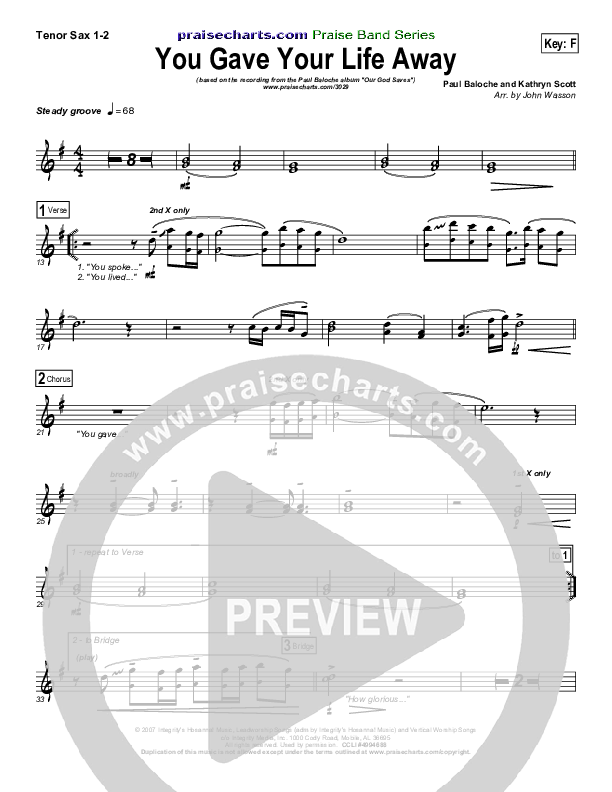 You Gave Your Life Away Tenor Sax 1/2 (Paul Baloche)