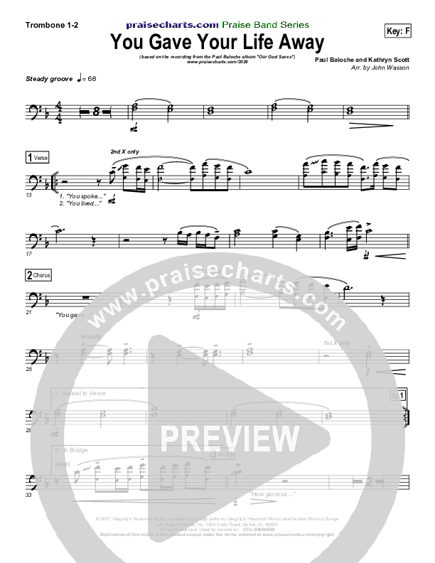 You Gave Your Life Away Trombone 1/2 (Paul Baloche)