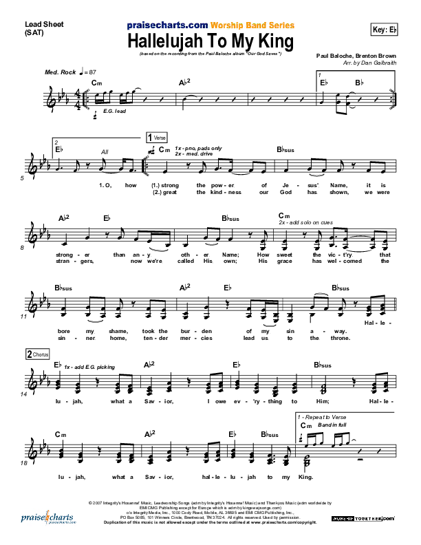 Hallelujah To My King Lead Sheet (Paul Baloche)