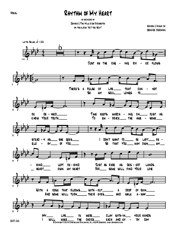 Rhythm Of My Heart Lead Sheet (Denver Bierman)