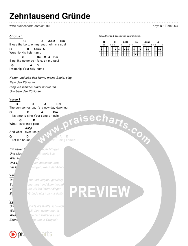 Zehntausend Gründe (10000 Reasons (Bless The Lord)) (Simplified) Chord Chart (Matt Redman / Passion)