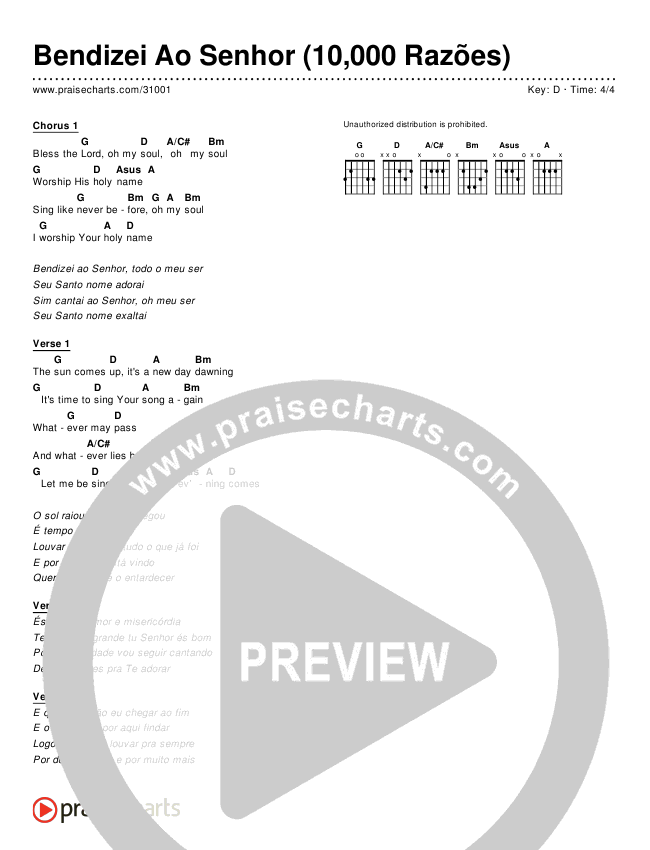 Bendizei Ao Senhor (10,000 Razões) (Simplified) Chords & Lyrics (Matt Redman / Passion)