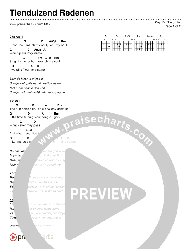 Tienduizend Redenen (Simplified) Chords & Lyrics (Matt Redman / Passion)