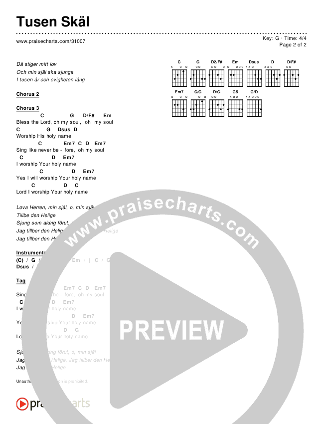 Tusen Skäl (10000 Reasons (Bless The Lord) Chords & Lyrics (Matt Redman / Passion)