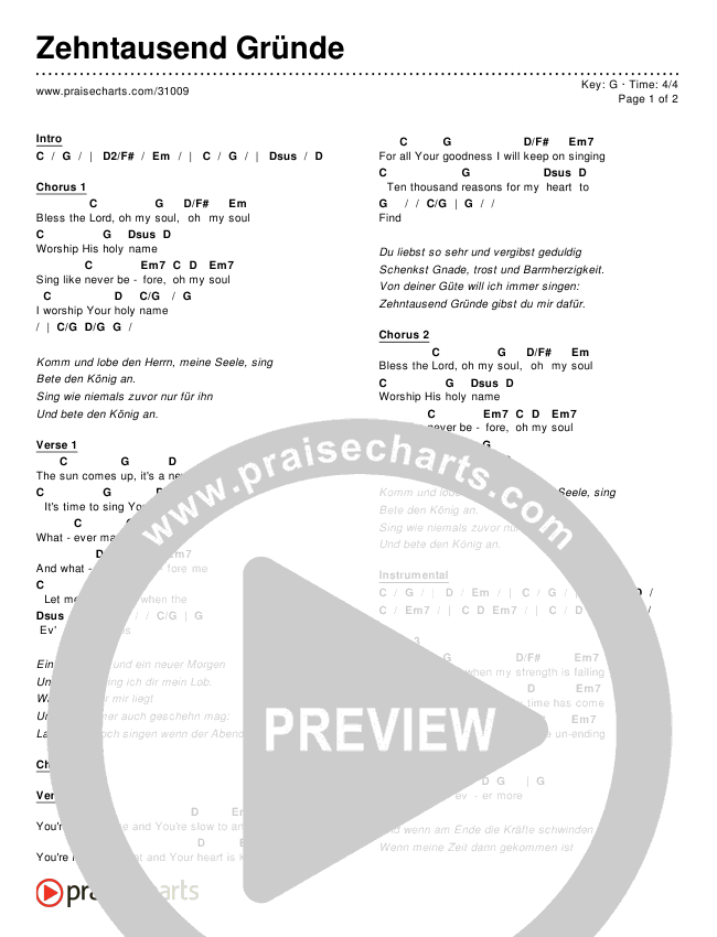 Zehntausend Gründe (10000 Reasons (Bless The Lord)) Chords & Lyrics (Matt Redman / Passion)