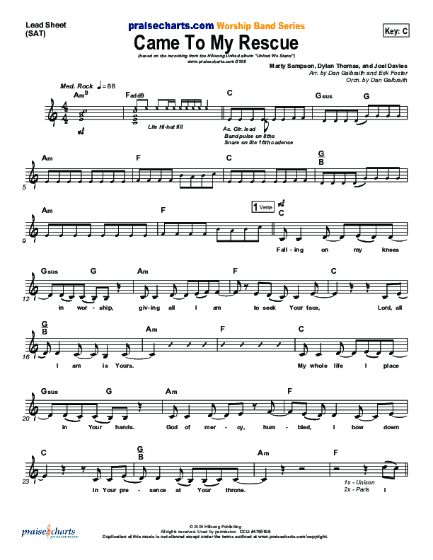 Came To My Rescue Lead Sheet (SAT) (Hillsong UNITED)