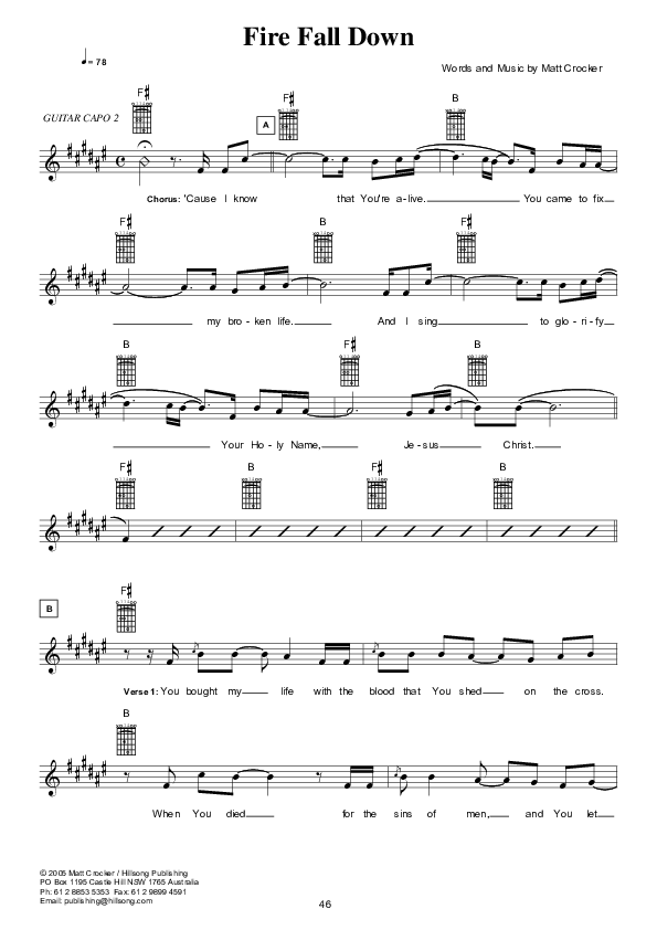 Fire Fall Down (Instrumental) Lead Sheet (Hillsong UNITED)