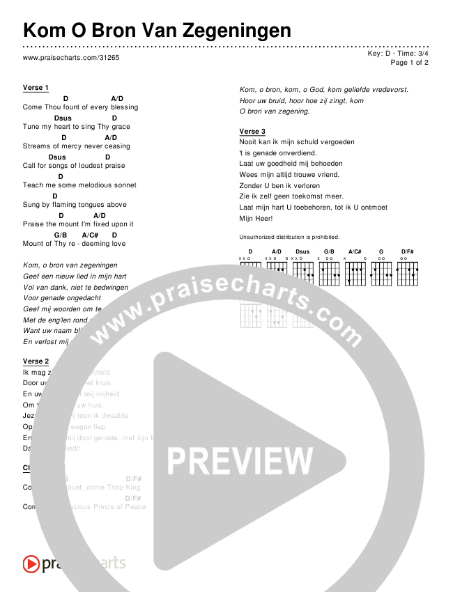 Kom O Bron Van Zegeningen (Come Thou Fount Come Thou King) (Simplified) Chords & Lyrics ()