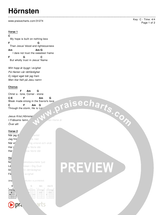 Hörnsten (Cornerstone) (Simplified) Chord Chart ()