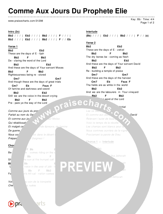 Comme Aux Jours Du Prophete Elie Chords & Lyrics ()