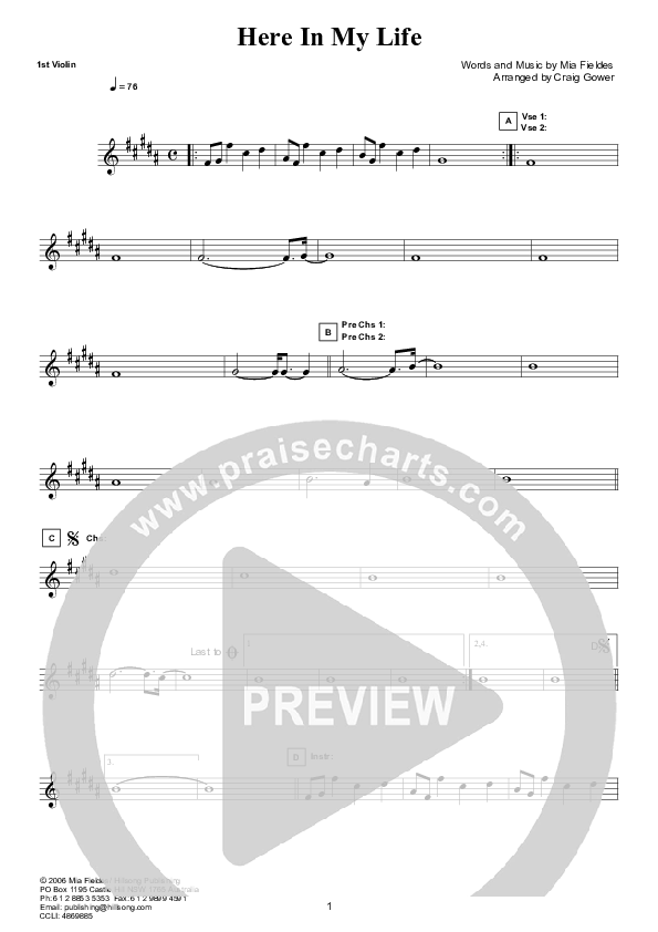 Here In My Life (Instrumental) Violin 1 (Hillsong Worship)