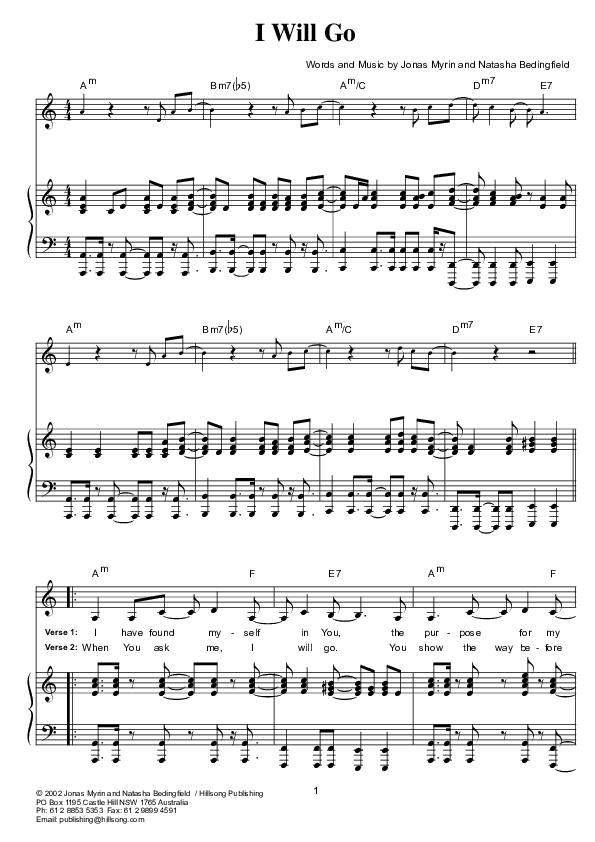 I Will Go Piano/Vocal (Hillsong London / Hillsong Worship)