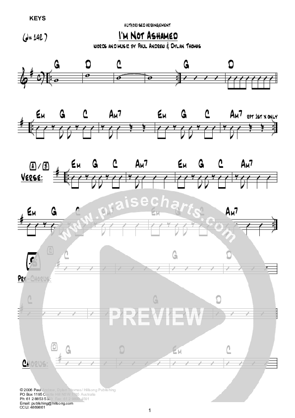 I'm Not Ashamed (Instrumental) Chord Chart (Hillsong Worship)