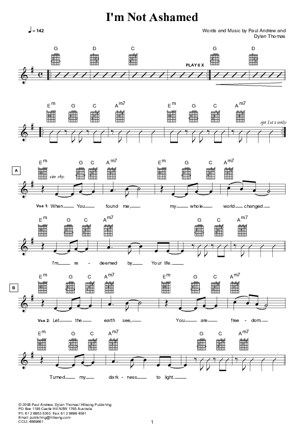 I'm Not Ashamed (Instrumental) Lead Sheet (Hillsong Worship)
