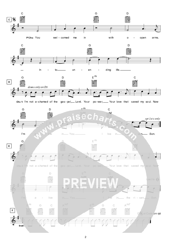 I'm Not Ashamed (Instrumental) Lead Sheet (Hillsong Worship)