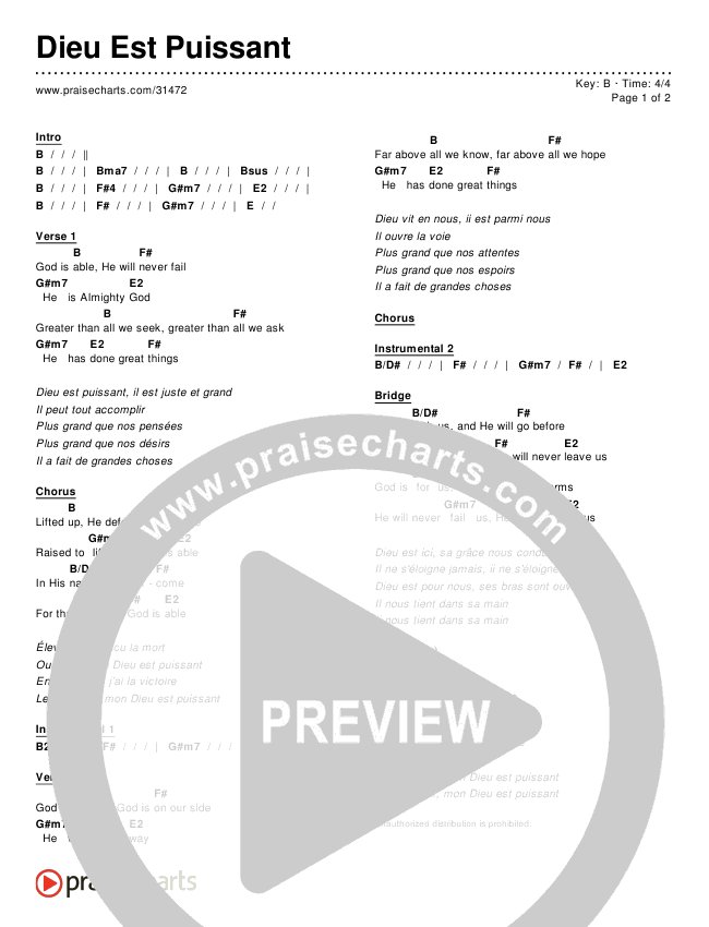 Dieu Est Puissant (God Is Able) Chords & Lyrics ()