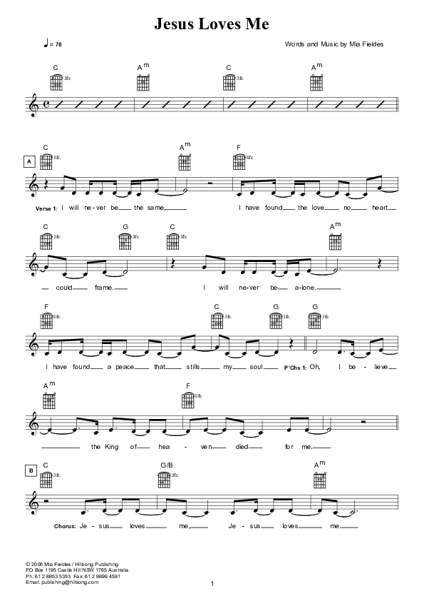 Jesus Loves Me Lead Sheet (Hillsong Kids)