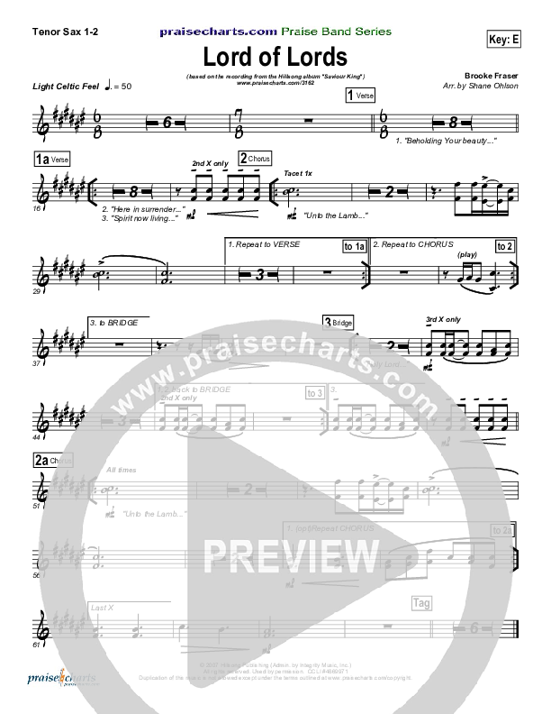 Lord Of Lords Tenor Sax 1/2 (Hillsong Worship)