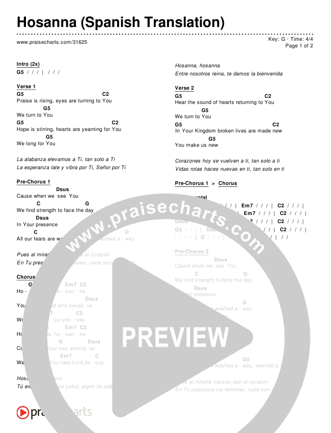 Hosanna (Praise Is Rising) (Spanish) Chords & Lyrics ()