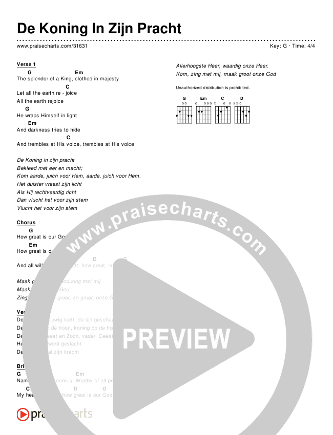 De Koning In Zijn Pracht (Simplified) Chords & Lyrics ()