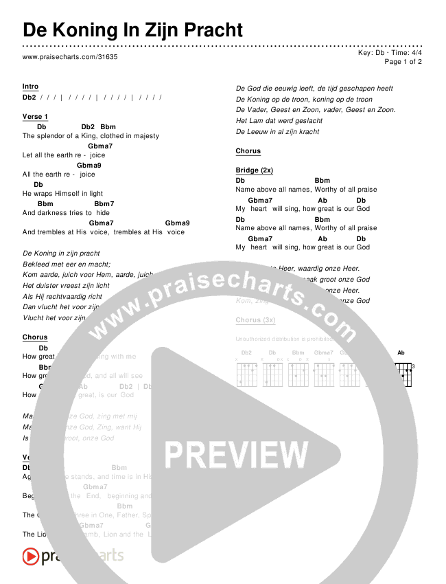 De Koning In Zijn Pracht Chords & Lyrics ()