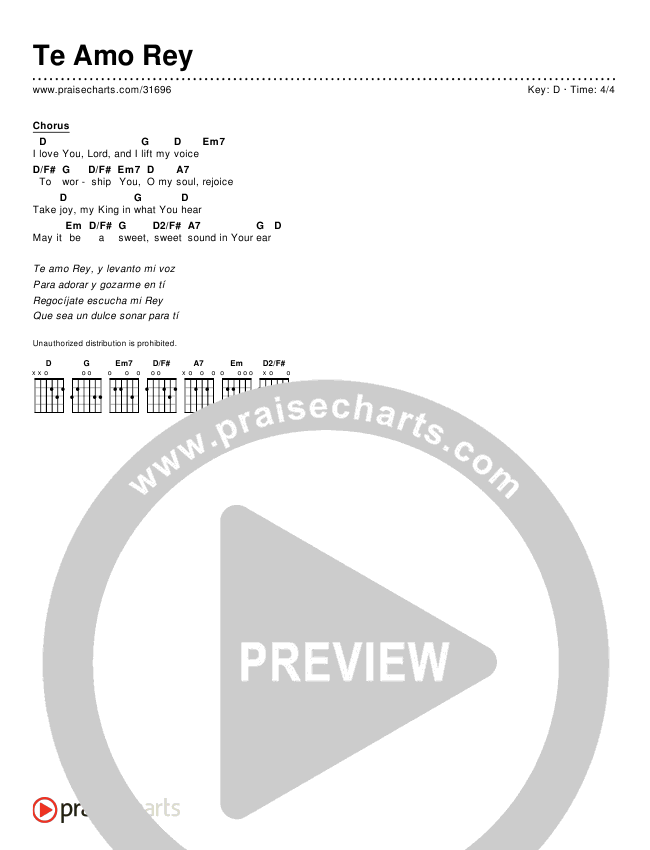 Te Amo Rey (I Love You Lord) (Simplified) Chord Chart ()