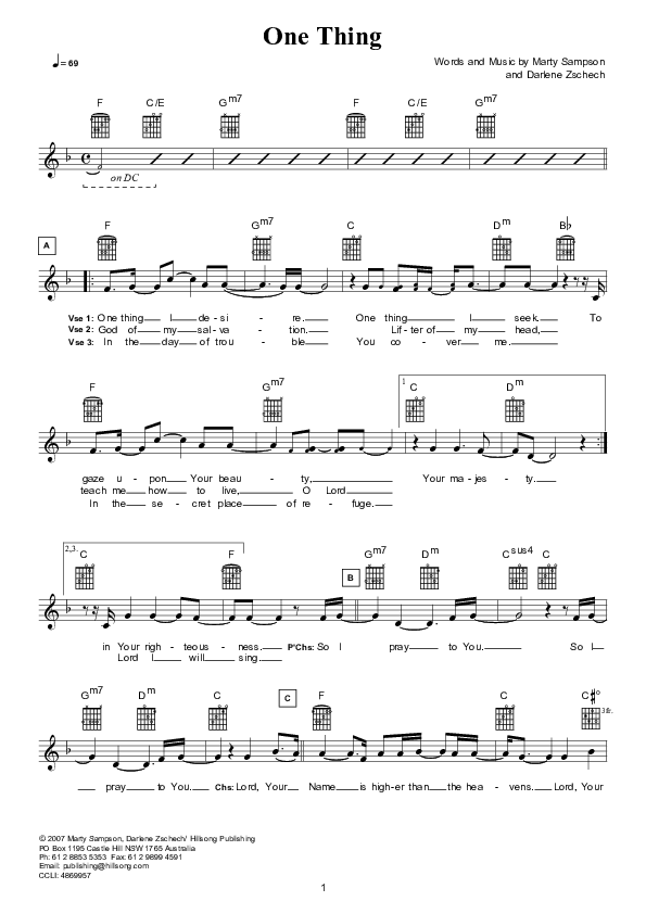 One Thing (Instrumental) Lead Sheet (Hillsong Worship)