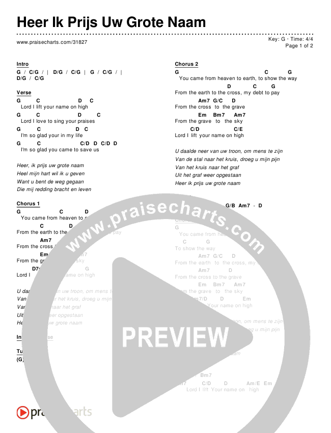 Heer Ik Prijs Uw Grote Naam (Lord I Lift Your Name On High) Chords & Lyrics ()