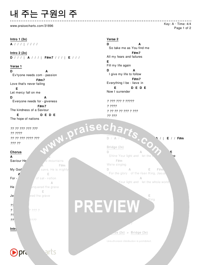 내 주는 구원의 주 Chords & Lyrics ()