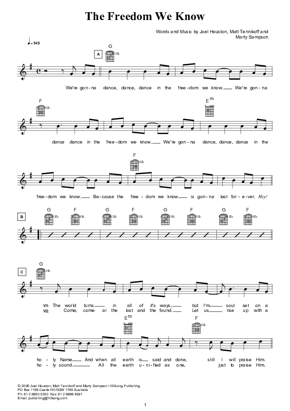 The Freedom We Know (Instrumental) Lead Sheet (Hillsong Worship)