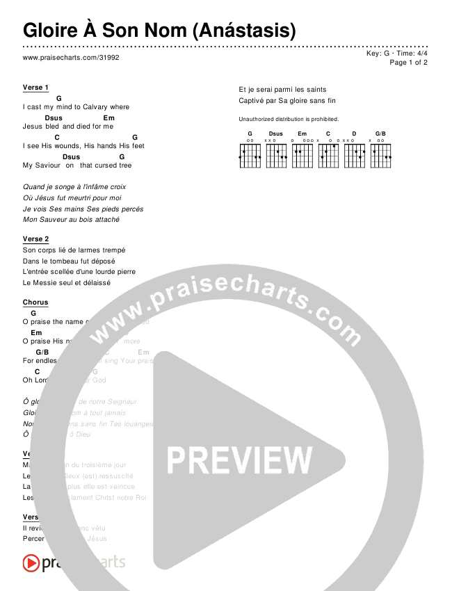 Gloire À Son Nom (Anástasis) (Simplified) Chord Chart ()