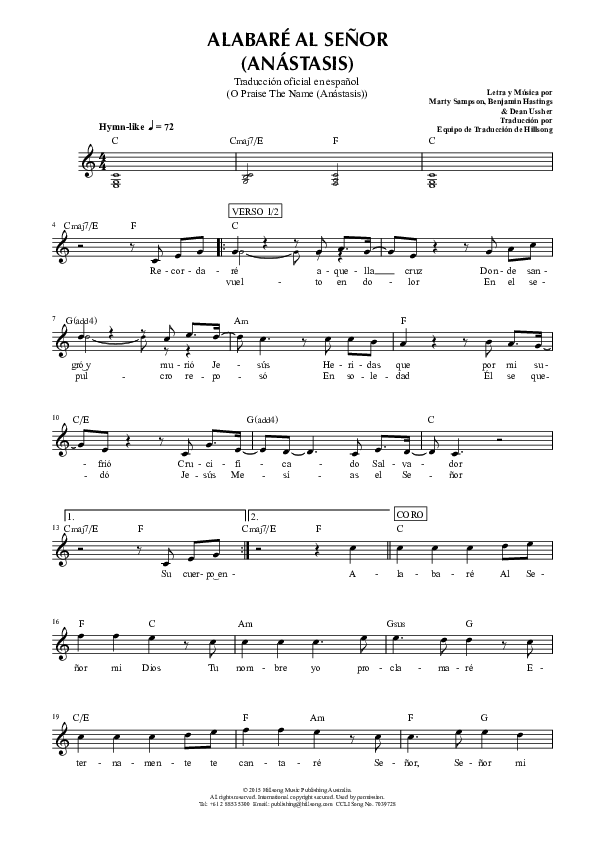 Alabaré Al Señor (Anástasis) (O Praise The Name (Anastasis)) Lead Sheet (Hillsong en Espanol / Hillsong Worship)