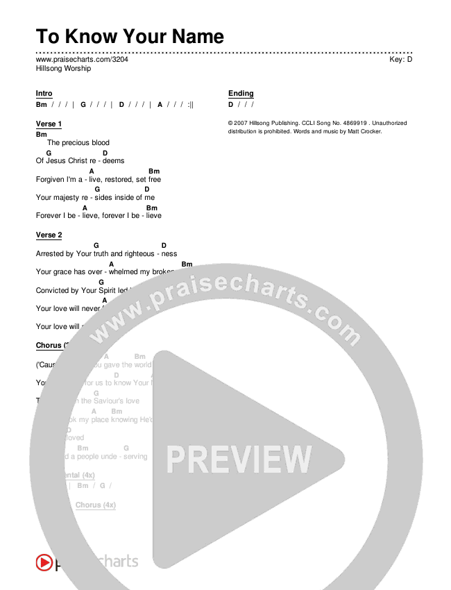 To Know Your Name Chords & Lyrics (Hillsong Worship)