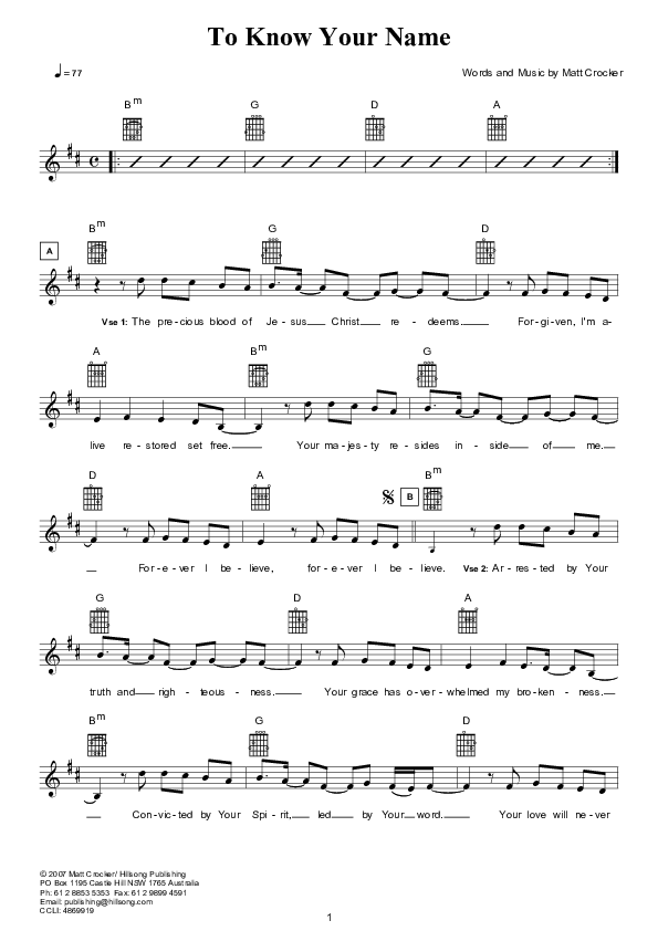 To Know Your Name Lead Sheet (Hillsong Worship)