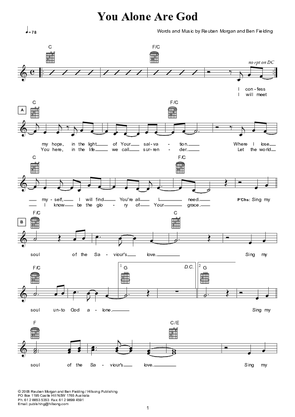 You Alone Are God (Instrumental) Lead Sheet (Hillsong Worship)