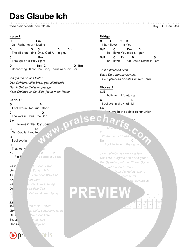 Das Glaube Ich (This I Believe (The Creed)) (Simplified) Chord Chart ()