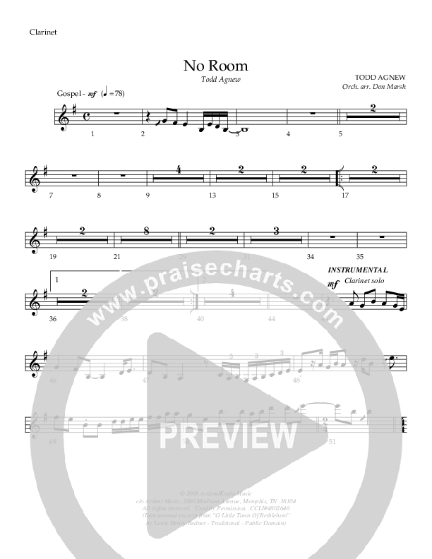 No Room (The Innkeeper) Clarinet (Todd Agnew)