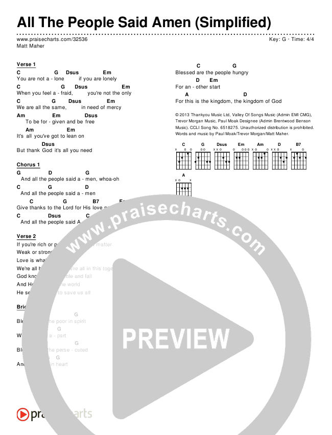 All The People Said Amen (Simplified) Chord Chart (Matt Maher)