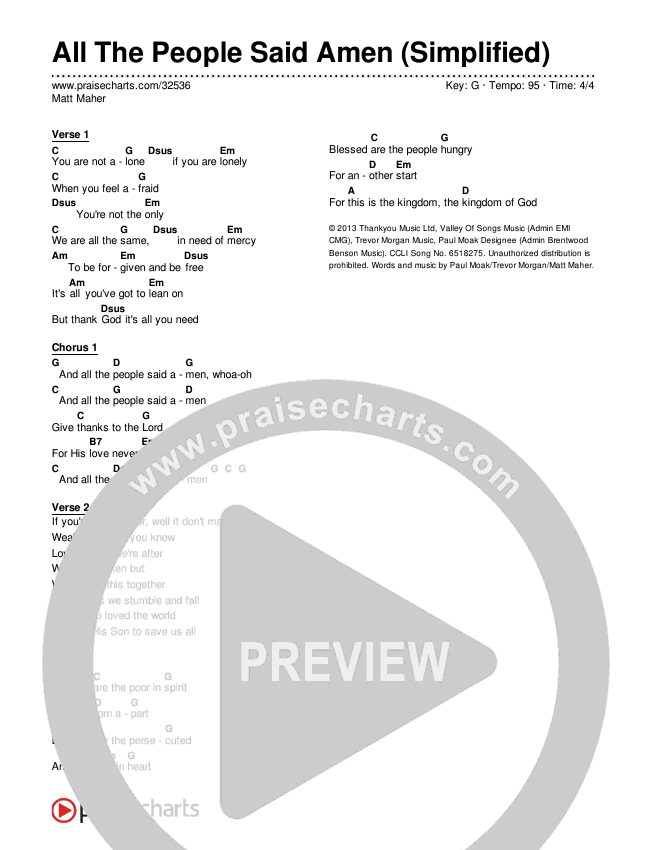 All The People Said Amen (Simplified) Chord Chart (Matt Maher)