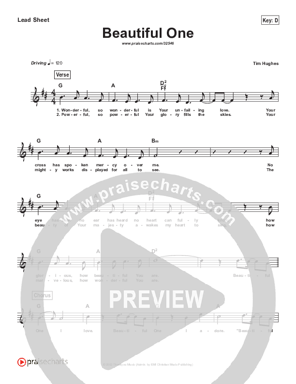 Beautiful One (Simplified) Lead Sheet (Tim Hughes)