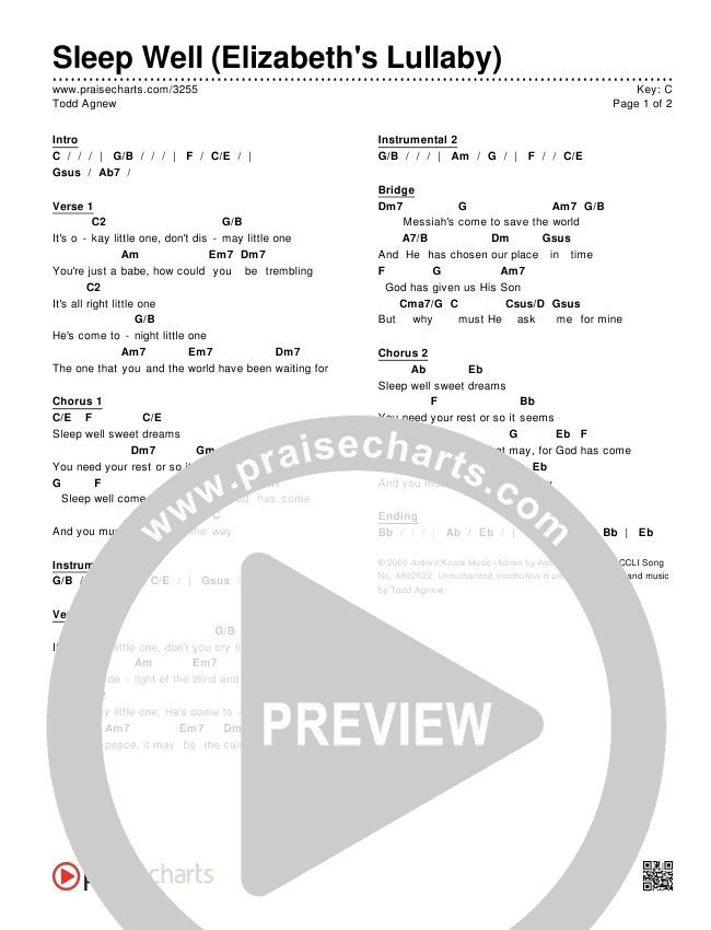Sleep Well (Elizabeth's Lullaby) Chords & Lyrics (Todd Agnew)