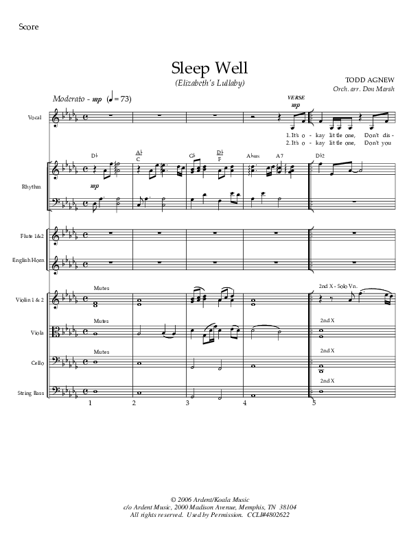 Sleep Well (Elizabeth's Lullaby) Conductor's Score (Todd Agnew)